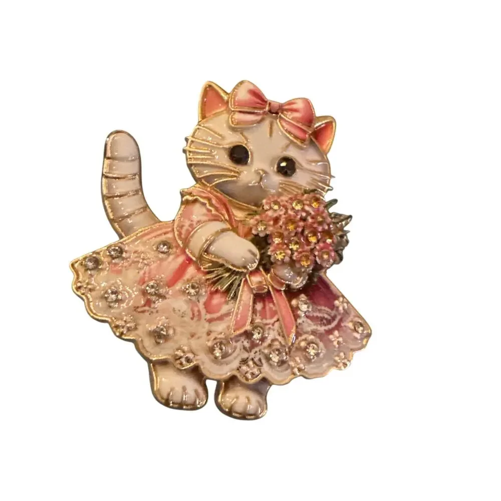 NWT Adorable Pink Cat Brooch Pin Florals Rhinestone